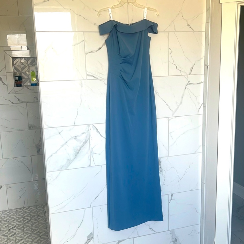 David’s Bridal off-the-shoulder stretch crepe ruched dress slate blue size 6